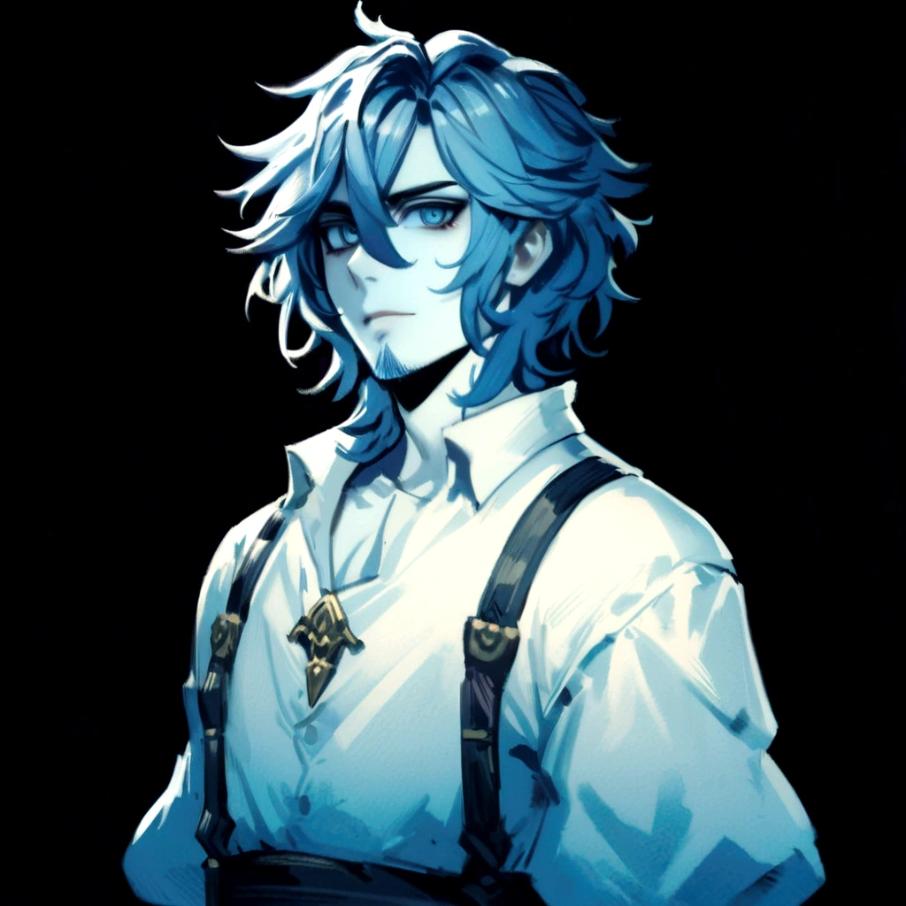 anime boy with blue hair and suspenders in a white shirt, handsome guy in demon slayer art, tall anime guy with blue eyes, boris valejo. octopath traveler, Caleb from Critical Role, inspired by Yamagata Hiro, cute androgynous prince, casimir art, male anime character, shigenori soejima illustration, neferpitou, shallow scruffy beard, and messy hair, He must sit on a chair with one hand holding the hilt of a long katana sword and the other hand with a cloth wiping the blade.., he should be looking at the close-up of the image