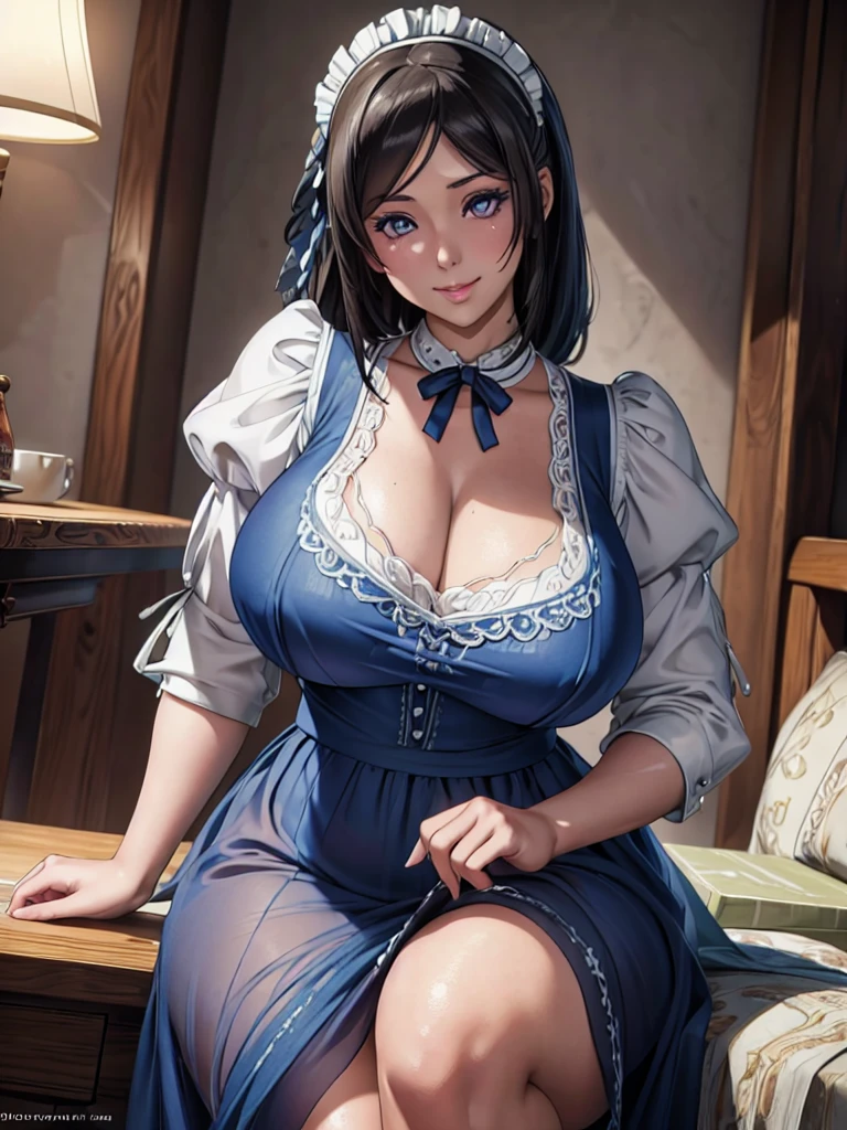 NFSW, Beautiful detailed portrait of a girl with big eyes, Fuller lips, Smiling Kindly, Long eyelashes, see through Maid clothesを着て, tihn fabric clothing, In sensual poses, (highest quality,4K,8k,High resolution,masterpiece:1.2),Super detailed,(Realistic,photoRealistic,photo-Realistic:1.37),Highly detailed face, Maid clothes, Intricate details, Vibrant colors, Dramatic lighting, Structure of the film, Anime-inspired art style