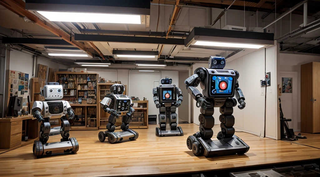 Depict robots creating art in various traditional and digital media.