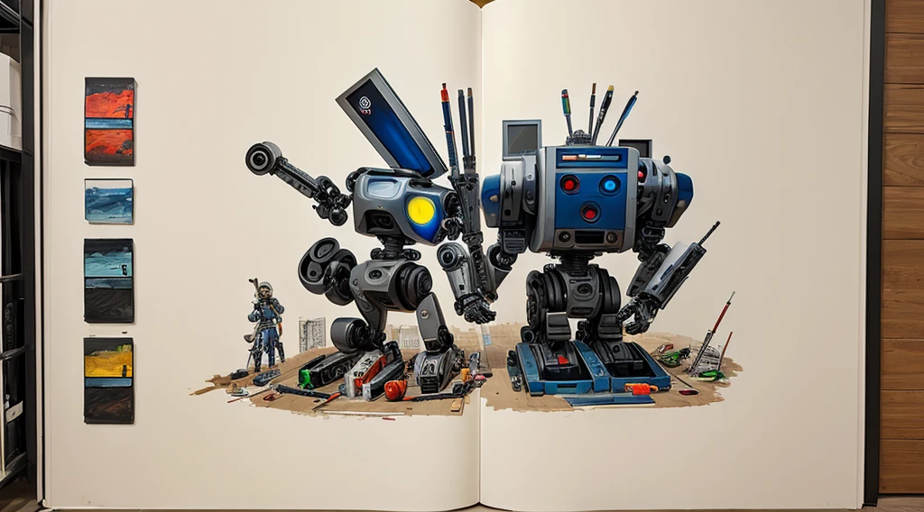 Depict robots creating art in various traditional and digital media.