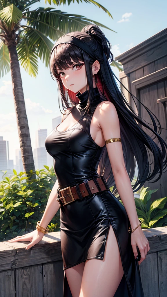 1girl, solo, long hair, breasts, looking at viewer, bangs, medium breasts, skin, red left eye, black right eye, dress, bare shoulders, jewelry, medium breasts, closed mouth, standing, Avellaneus hair, shot cowboy, outdoor, sky, sleeveless, daytime, belt, black dress, bracelet, tree, open fringe, sleeveless dress, turtleneck, plant, construction, buckle, side slit, black belt, belt buckle, vase plant, road clear lips, bandana on the head,