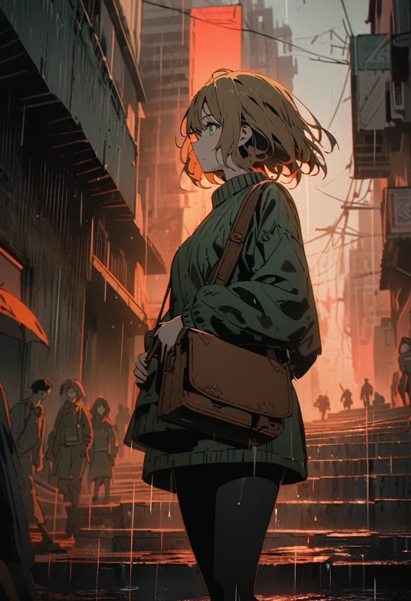 From side, close up of young woman with short brown hair who is holding a large satchel while walking down wide steps, short blonde hair, green eyes, green sweater with jean shorts and black leggings, people are moving in the background, street, city in tropical climate after intense storm, power outage, dense overcast parting to reveal a red-orange sunset, wall of rain and visible on horizon, slate atmosphere, Cinematic, faded colors, dark shot, muted colors , grainy film, lute, insane details, intricate details, hyper-detailed,