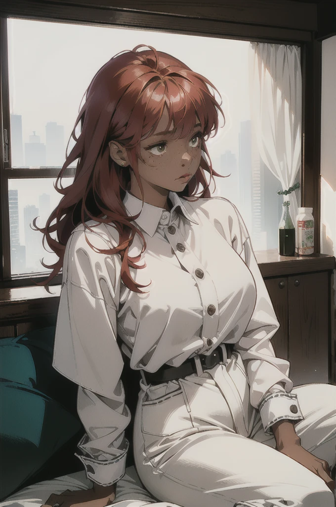 (absurdres, highres, ultra detailed), 1 girl, 20-year-old woman, black skin, plump lips, short woman, cute and delicate. Red hair, freckles on her face, her breasts are small, completely innocent face, full body, she is inside a gamer room and sitting on the bed, she is wearing a large white blouse with green lines written LOUD. MORDEN ERA, GAMING ROOM