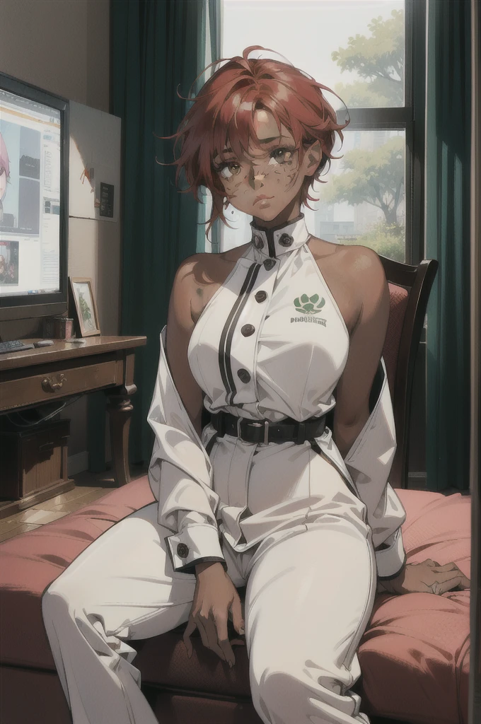 (absurdres, highres, ultra detailed), 1 girl, 20-year-old woman, black skin, plump lips, short woman, cute and delicate. Red hair, freckles on her face, her breasts are small, completely innocent face, full body, she is inside a gamer room and sitting on the bed, she is wearing a large white blouse with green lines written LOUD. MORDEN ERA, GAMING ROOM