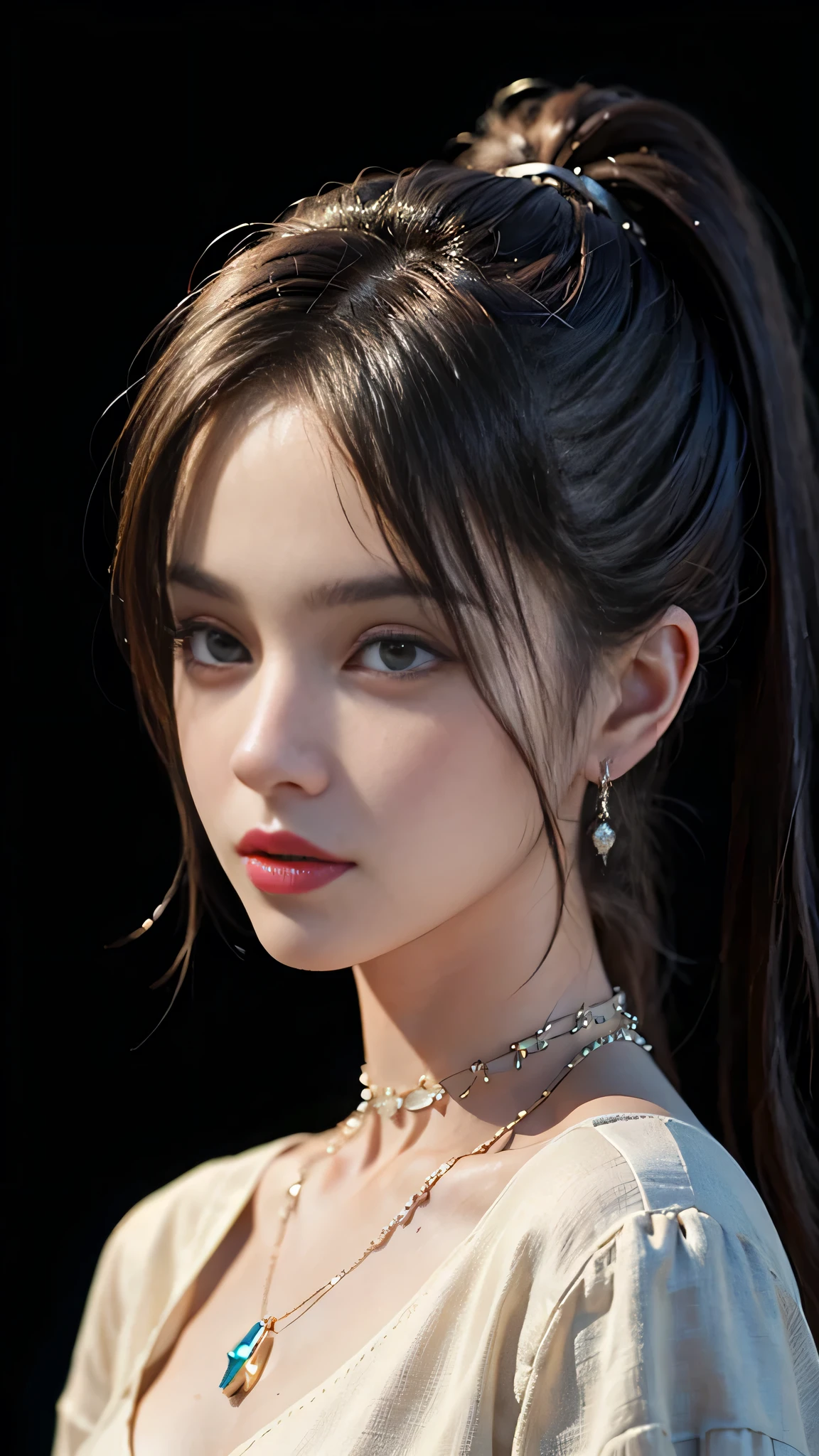 ((masterpiece:1.4)、(Highest quality:1.4)、(Realistic:1.7))、Masterpiece:1.4、Pretty Girl 0、pretty girl、Portrait Photography、Close-up photo、Upper body photo shoot、Beautiful expression、Resistance、Dark Background、Tight waist、ponytail、RAW Photos、Red lips、choker:1.4、necklace:1.4、Earrings:1.4、1 Screen Display