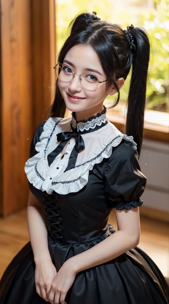 (Highest quality,8K quality,masterpiece:1.3),(Ultra-high resolution,Realistic:1.4,Live Shooting),(Very detailed,Caustics,Detailed Background),(Ultra-Realistic Capture,Beautiful and detailed skin,Perfect Anatomy),At dusk,Sunset sky, ((Gothic ta, Maid clothes, Twin tail hairstyle, black eye)), ,14 ye,single eyelid,Long black hair,,Looking into the camera,へにょへにょしたsmile,whole body,Natural light、Big Breasts、Black-rimmed glasses、smile、Gray Hair
