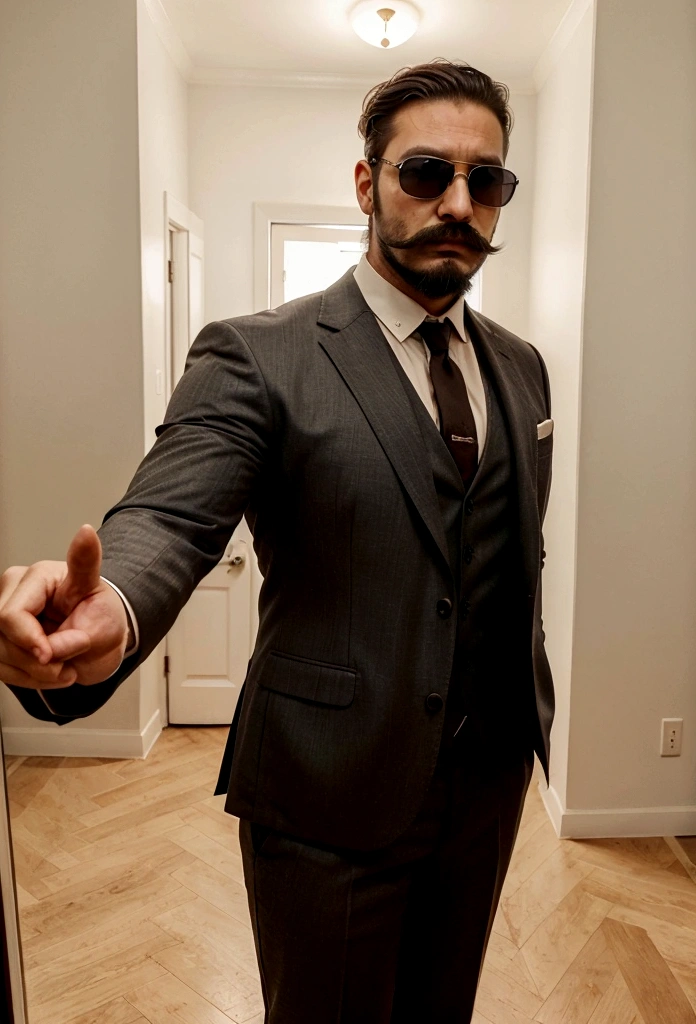 selfie of a manly man strong and handsome , with big moustache and beard , dressed in a suit and sunglasses , youtuber