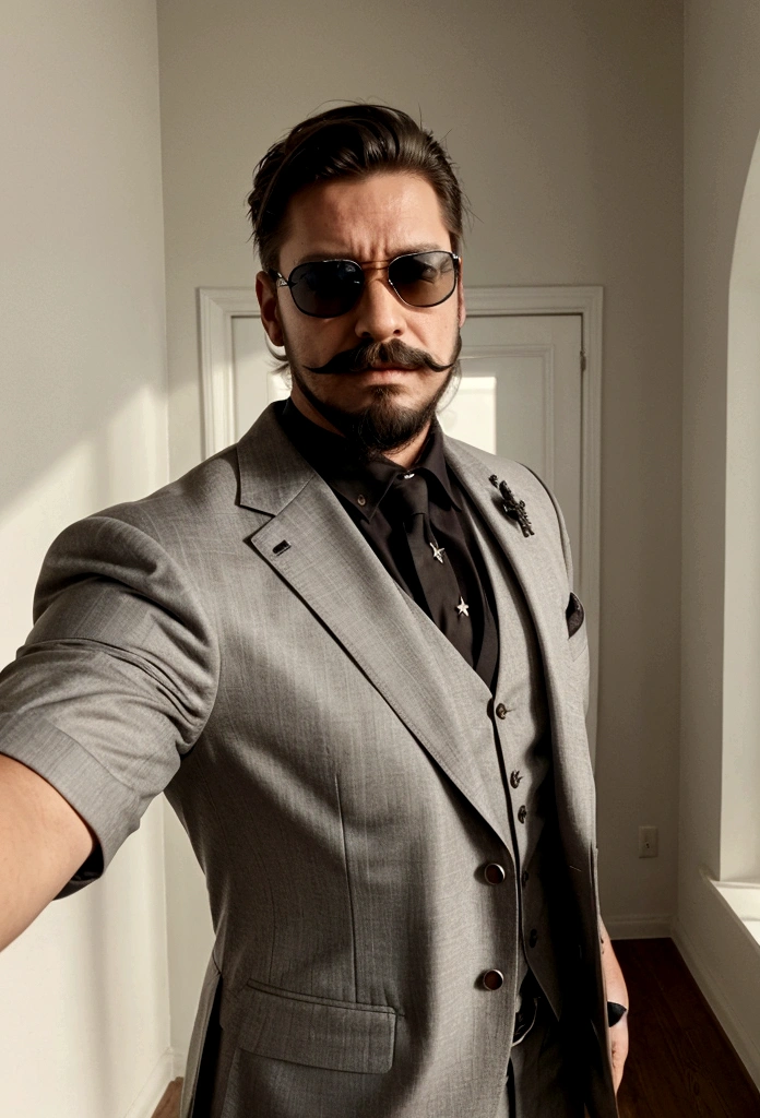 selfie of a manly man strong and handsome , with big moustache and beard , dressed in a suit and sunglasses , youtuber