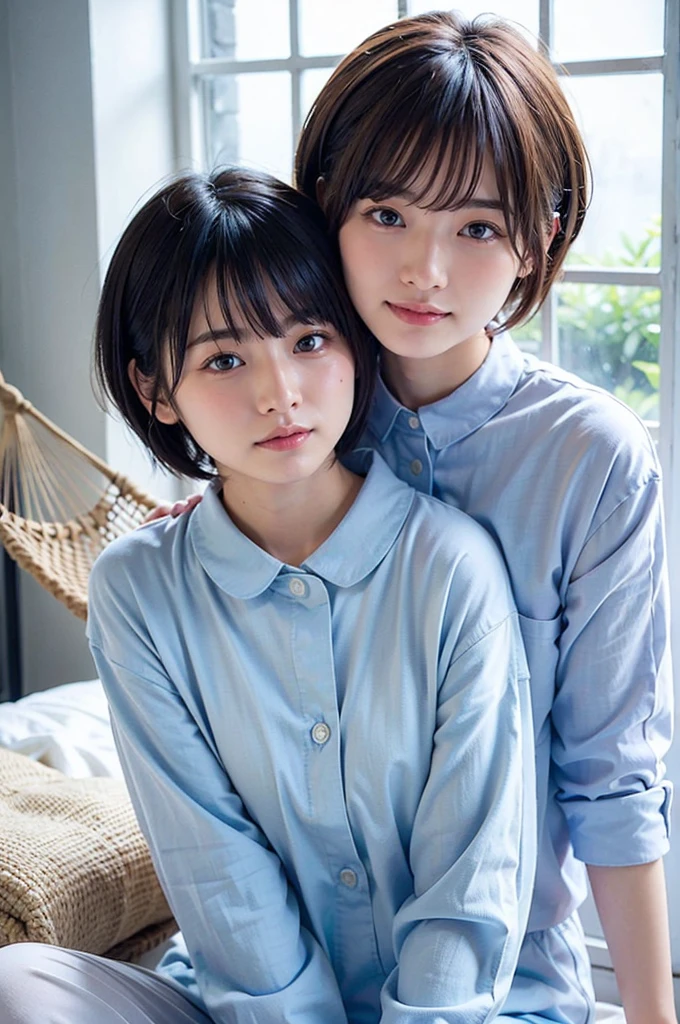 1 very cute girl、12 years old、short hair、Gray Hair、Adds moisture to your hair、Reduces hair volume、Blue background、Upper Body、(head shot:1.5)、Eyes focus、Collared shirt、Laughter、、(8k、RAW Photos、highest quality、masterpiece:1.2)、(Realistic、Realistic:1.3)、Hmph、The depth of the written world、Wide Light、High Contrast、(Shine:1.4)、chromatic aberration、Sharp focus、RAW color photos、Cinema Lighting、8K resolution、A detailed illustration of two kittens in a cozy room. One kitten is lying in a small yellow hammock, wrapped in a cute white outfit with red patterns, looking content and relaxed. The other kitten is sitting inside a small, cozy enclosure with a window, dressed in a colorful outfit, and looking towards the hammock. The scene includes soft lighting and a warm, homey atmosphere, with elements like a checkered curtain in the background and a soft, padded surface inside the enclosure.