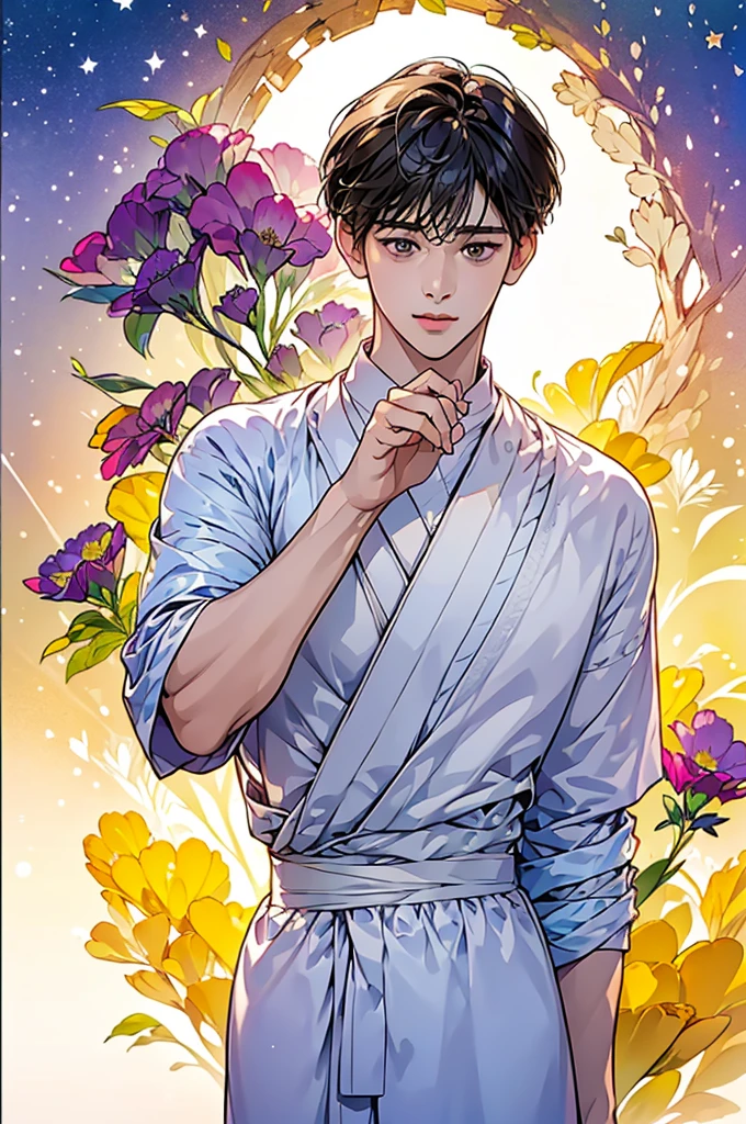 (in 8K、top-quality、​masterpiece:1.2)、1 boy、short-haired、Hair short、Brown-skinned、Purple View、