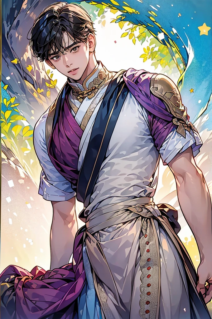 absurdres, highres, ultra detailed, HDR, master piece, best quality, extremely detailed, detailed eyes, Eiden, brown hair, expressive brown eyes, Nu Carnival, solo, sexy man, handsome, horny, lewd, fantasy, accessories, light-blue dress, white pants, long white gloves, Cinderella, spring, flowers, green leaves, magical garden, white fantasy, rain, night
