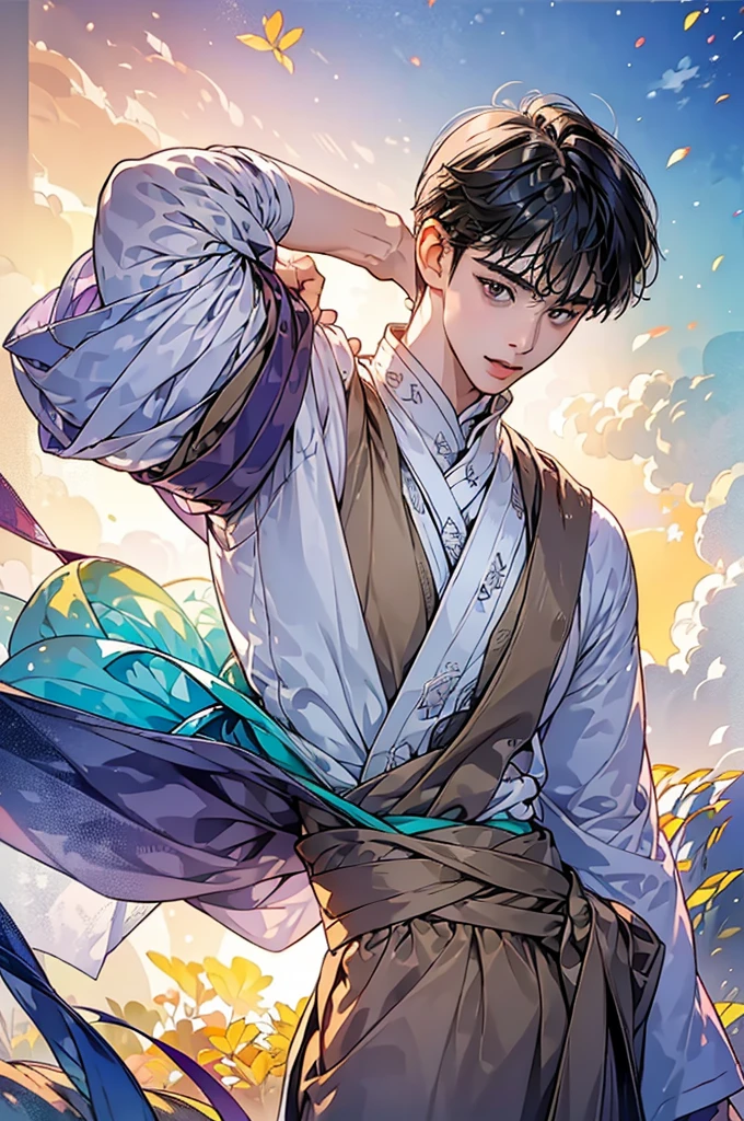 (in 8K、top-quality、masterpiece:1.2)、1 boy、short-haired、Hair short、Brown-skinned、Purple View、