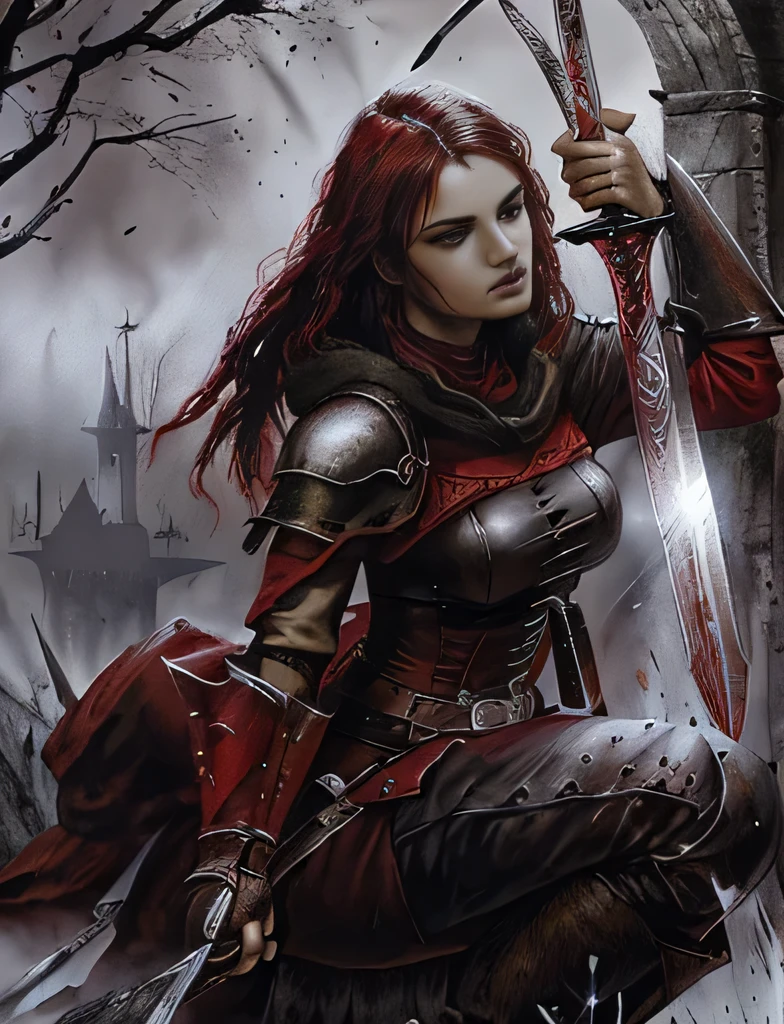 a woman in a red and black outfit holding a sword, lady in red armor, gothic fantasy art, beautiful female assassin, female assassin, female vampire warrior, heroic fantasy art, Raymond Swanland style, beautiful warrior woman, female red assassin, fantasy warrior, dark fantasy art, monochromatic and red bleeding, HD fantasy art, dark fantasy art, Adrian Smith Arte Fantasia