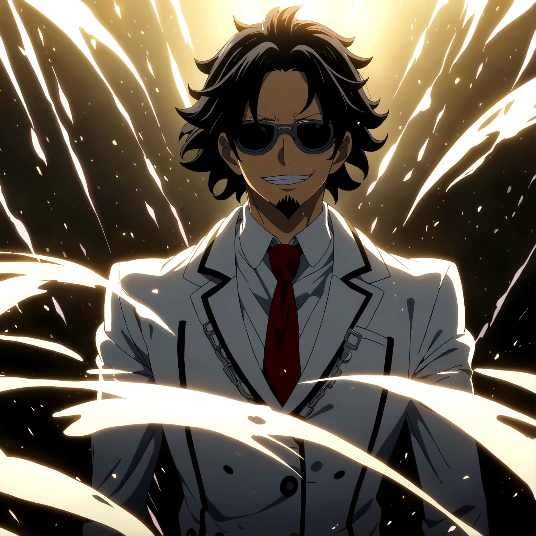 Man,Slim body,Long black hair,White suit,Red tie,Sunglasses,Goatee,Black gloves,Mad scientist smile,Mad Scientist,White mechanical arms,Laboratory setting,One Piece inspired anime lines,Drenched in dramatic,amazing lighting,dramatic lighting,infused with creative details,ultra-fine 2D design,setting bathed in creativity,bathed in creativity,boasting HD anime resolution clarity,HD anime graphics,high-octane rendering