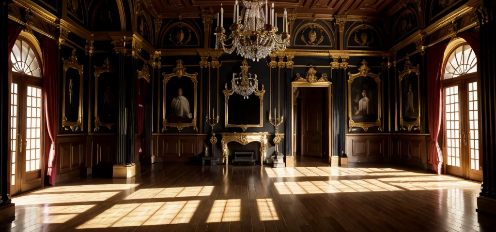 MEDIEVAL CASTLE, INSIDE A DARK ROOM, TORCHES ON THE WALLS AND A LOT OF GOLD INSIDE THE ROOM