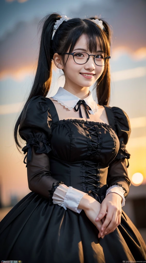 (Highest quality,8K quality,masterpiece:1.3),(Ultra-high resolution,Realistic:1.4,Live Shooting),(Very detailed,Caustics,Detailed Background),(Ultra-Realistic Capture,Beautiful and detailed skin,Perfect Anatomy),At dusk,Sunset sky, ((Gothic Lolita, Maid clothes, Twin tail hairstyle, black eye)), ,14 years old,cute,single eyelid,Long black hair,,Looking into the camera,へにょへにょしたsmile,whole body,Natural light、Big Breasts、Black-rimmed glasses、smile、Gray Hair