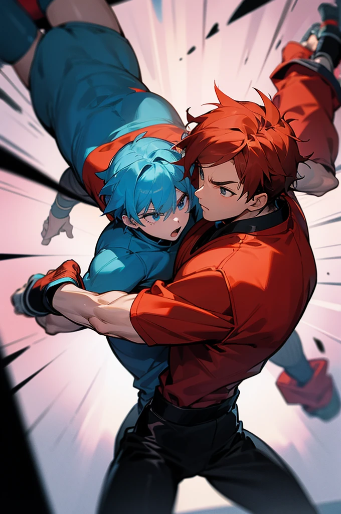 2boys, 15 years old cute short height shota boy and 34 years old handsome large height boxer man,illustration,bishounen,man is boy's father,boy's eye is simple small solid circle eyes,simple line and simple color,shorthair,lean muscler,wearning sumo fundoshi and sumo belt and boxing gloves,sumo battle,short hair, simple color, sumo ring,sumo arena, japan anime style, blue and purple and light green and white,man's body is big damage injury,boxing's clinch,man is hug to boy,height diffrence,man is painful,boy is worry to man,eyecontact,masterpiece, best quality, very aesthetic, absurdres