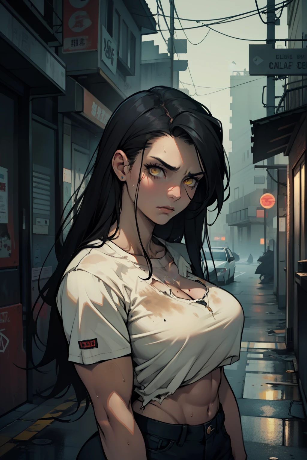 long flowing hair muscular girl she's sad the streets are empty dark and destroyed looking at camera the atmosphere is heavy she's busty and very thick she's alone and there a gloomy atmosphere going on black hair yellow eyes pale skin tattered clothes grimy and grunge