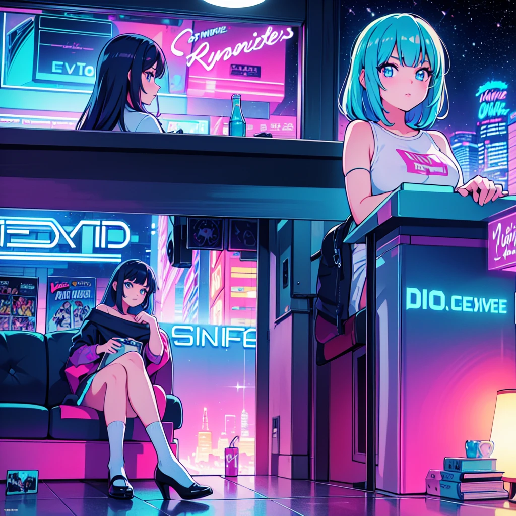 (masterpiece), Highest quality, Expressive eyes, Neon pastel aesthetics, Retro 90s, Neon color,((Girl sitting on sofa,In a cozy room,Records hanging on her wall, Comic books on the floor, Looking out the window behind her at the night city, Upholstered room, Anime figures lined up on a shelf)), Wearing headphones, (All around her it sparkles), (Wearing high socks and heels), (blue eyes), (Soft look), (Synthwave Art Style), Colorful Hair, Desk with PC set up