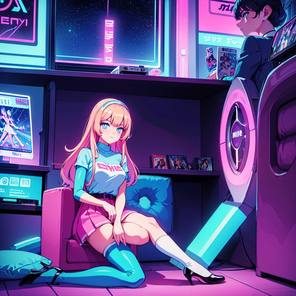 (masterpiece), Highest quality, Expressive eyes, Neon pastel aesthetics, Retro 90s, Neon color,((Girl sitting on sofa,In a cozy room,Records hanging on her wall, Comic books on the floor, Looking out the window behind her at the night city, Upholstered room, Anime figures lined up on a shelf)), Wearing headphones, (All around her it sparkles), (Wearing high socks and heels), (blue eyes), (Soft look), (Synthwave Art Style), Colorful Hair, Desk with PC set up