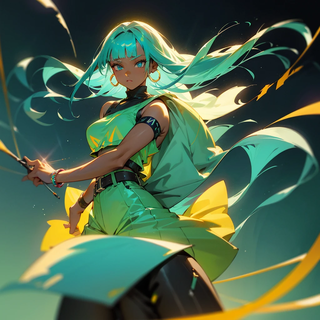 1girl, aqua eyes, aqua hair, bangs, belt, blunt bangs, bracelet, card, cowboy shot, dark skin, dark-skinned female, earrings, glowing, gradient, gradient background, holding, hoop earrings, jewelry, long hair, pants, female_solo,