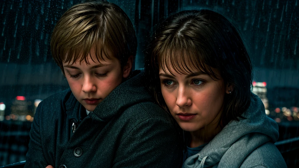 Caucasian mother comforting her sad 8 year old son, amidst a cityscape, heavy rain, high contrast, sadness, resilience illuminated by flickering street lights, ultra realistic and dramatic lighting