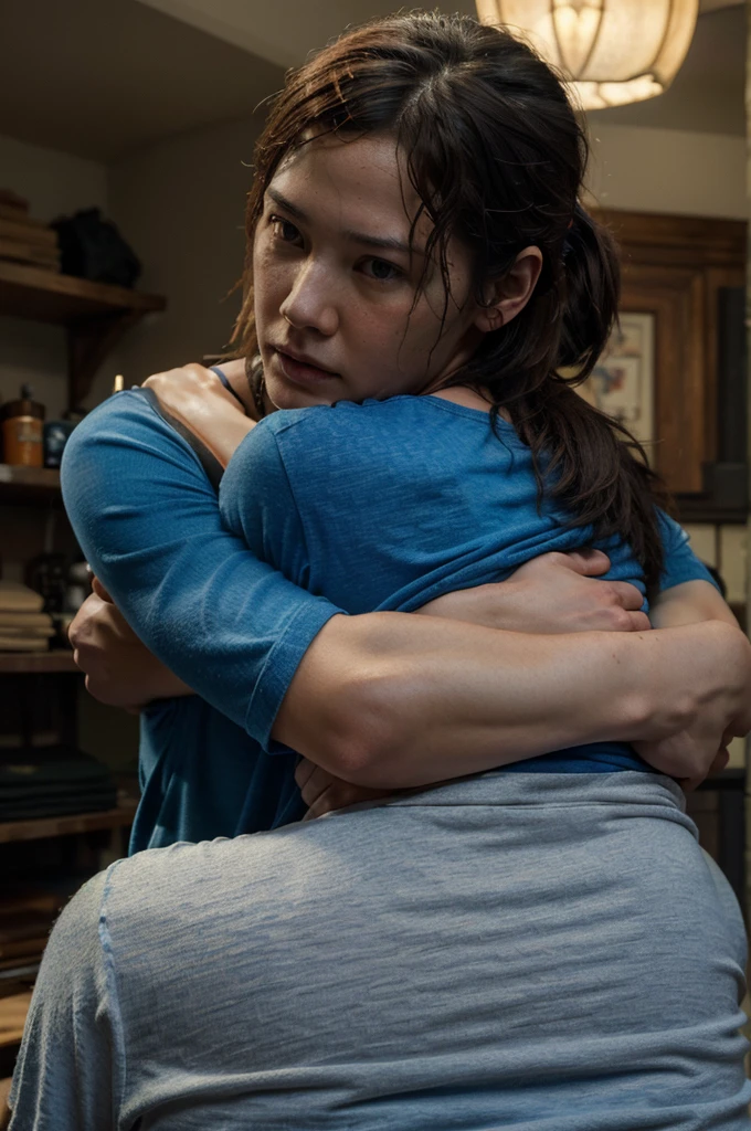 ((best quality)), ((masterpiece)), (detailed), perfect face, Ellie de the Last of us 2 y Keanu Reeves, hugged, intense lighting, high level of detail, foreground, blue and white wool t-shirt orange and black print