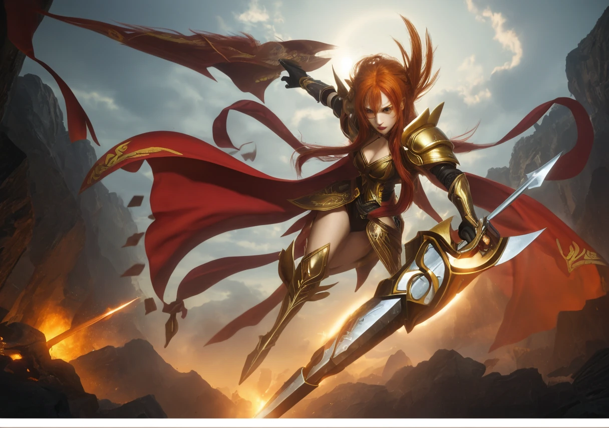 Cute face, sexy body, standing in the tropical rain forest, big breasts and long legs, wearing high-tech golden armor, holding two samurai swords, with Gundam wings behind her and a long red tail.