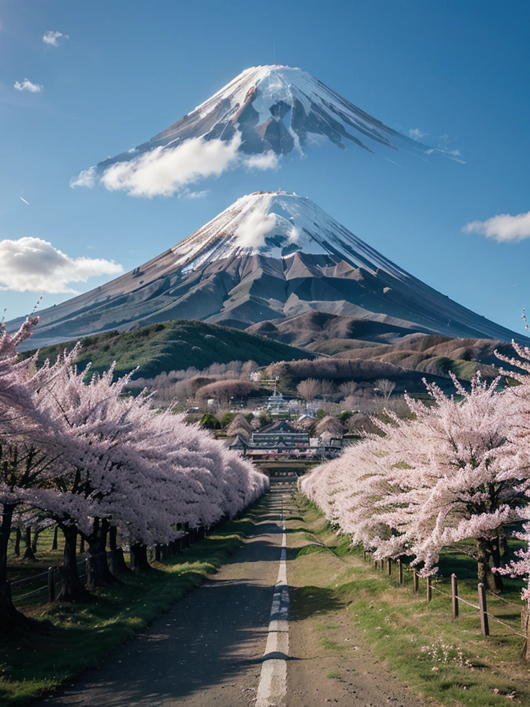 Mount Fuji vertical landscape, with cherry trees, archers, without people, happy
