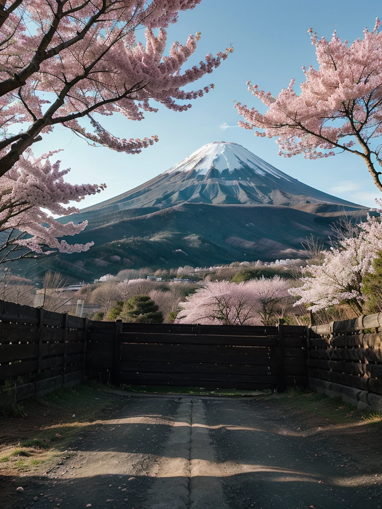 Mount Fuji vertical landscape, with cherry trees, archers, without people, happy