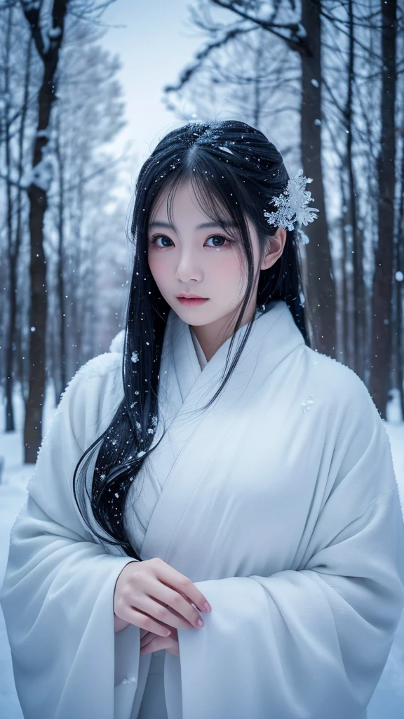 A realistic and beautiful depiction of Yuki-onna (Snow Woman) in a serene, snowy landscape. She has long, flowing black hair and wears a traditional white kimono that blends seamlessly with the snow around her. Her skin is pale and flawless, with a serene yet hauntingly beautiful expression. Her eyes are cold and mesmerizing, reflecting the icy environment. The background includes softly falling snow, snow-covered trees, and a moonlit night sky, creating a tranquil and ethereal atmosphere. The overall scene should capture the mystical and enchanting nature of Yuki-onna.
