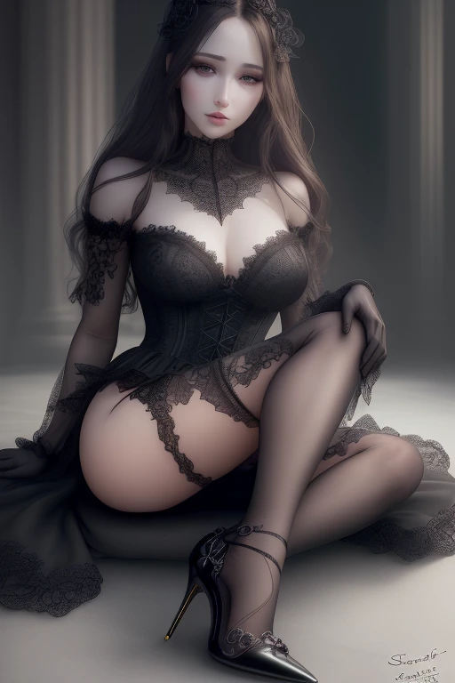Sensual woman、Beautiful and detailed eyes、Beautiful and detailed lips、Very detailed顔、Long eyelashes、Elegant appearance、Gothic Dress、Soft lighting、Dramatic Shadows、A calming color palette、Cinematic composition、Realistic、(Highest quality) 、4K、8K、High resolution、masterpiece:1.2)、Very detailed、(Genuine、Realistic、Realistic:1.37)、Black panties、Stiletto heels、sit、Pose to invite men、Wet skin