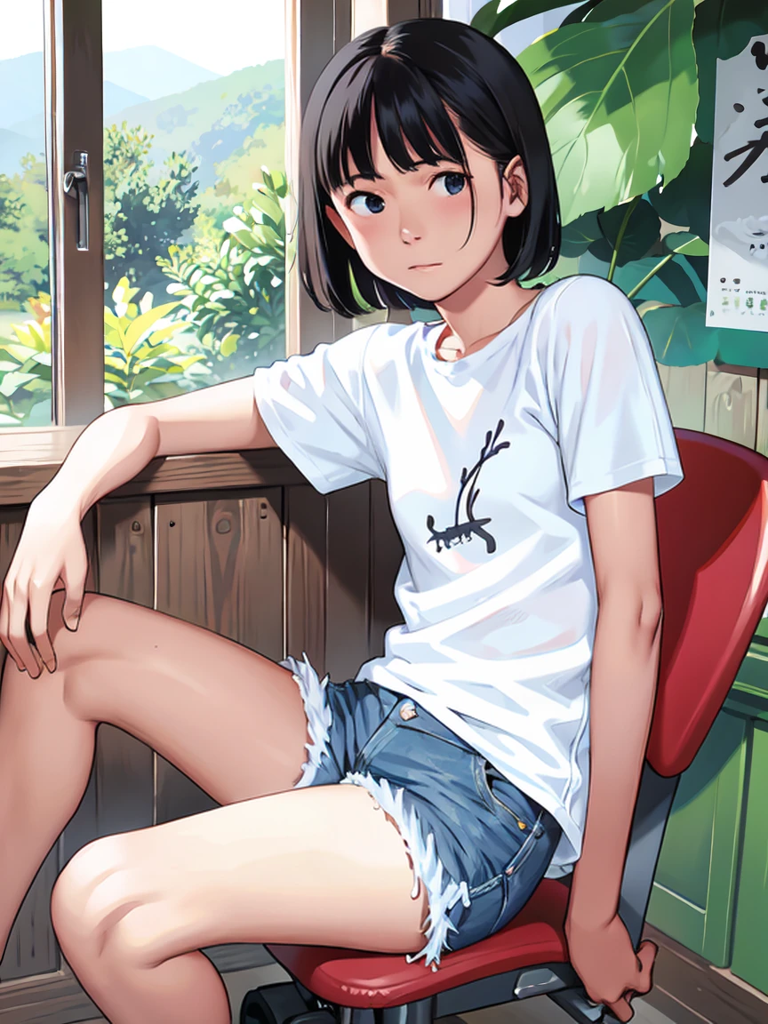 nsfw、white t-shirt、short denim hot pants、Sit down scratching Hu、