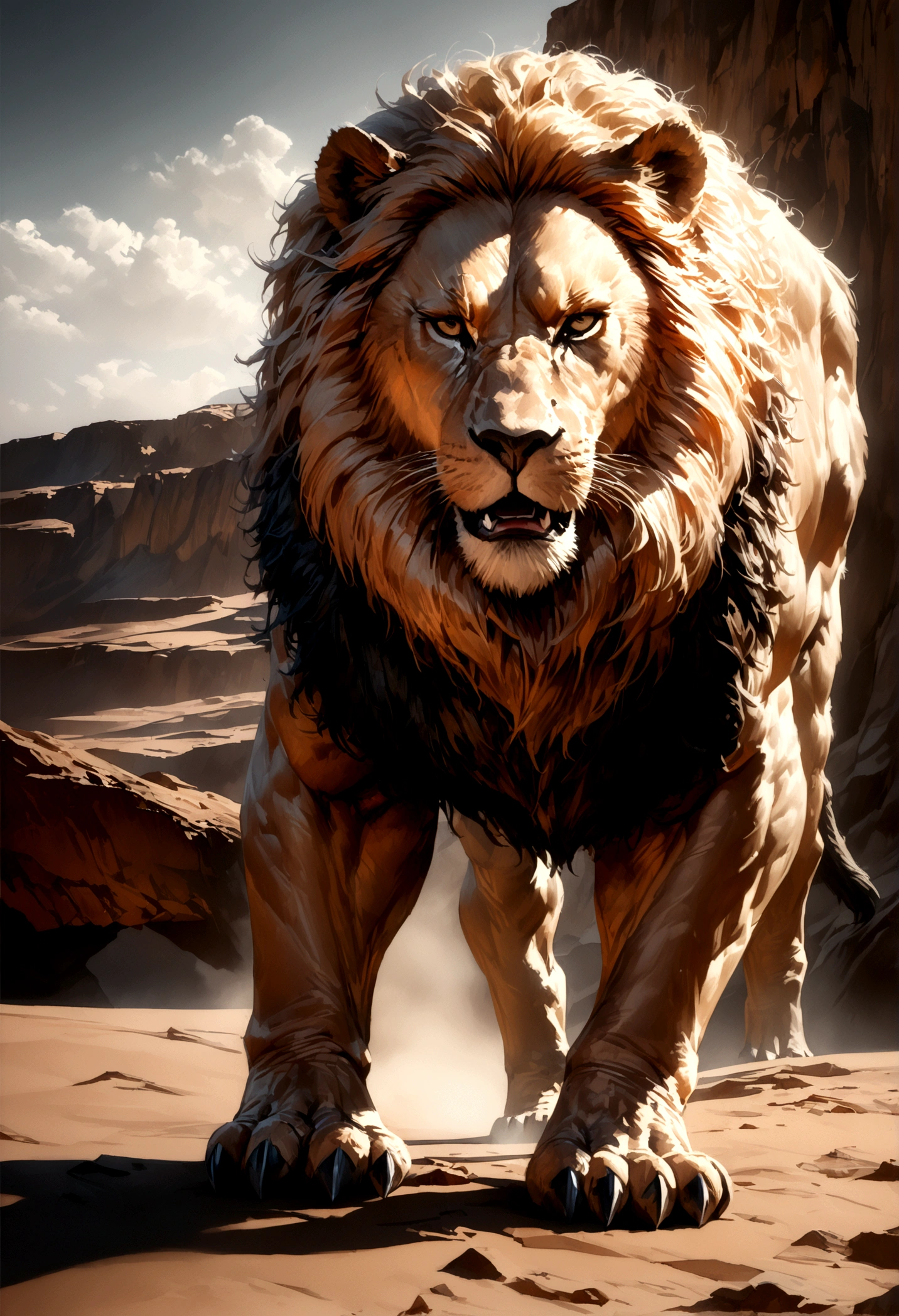 a large muscular lion, powerful body, long sharp claws, huge fangs, fierce expression, low angle shot, desert landscape, cloudy sky, dynamic pose, photorealistic, ultra-detailed, cinematic lighting, muted color palette, (best quality,8k,highres,masterpiece:1.2),ultra-detailed,(realistic,photorealistic,photo-realistic:1.37),cinematic,dramatic,powerful,imposing