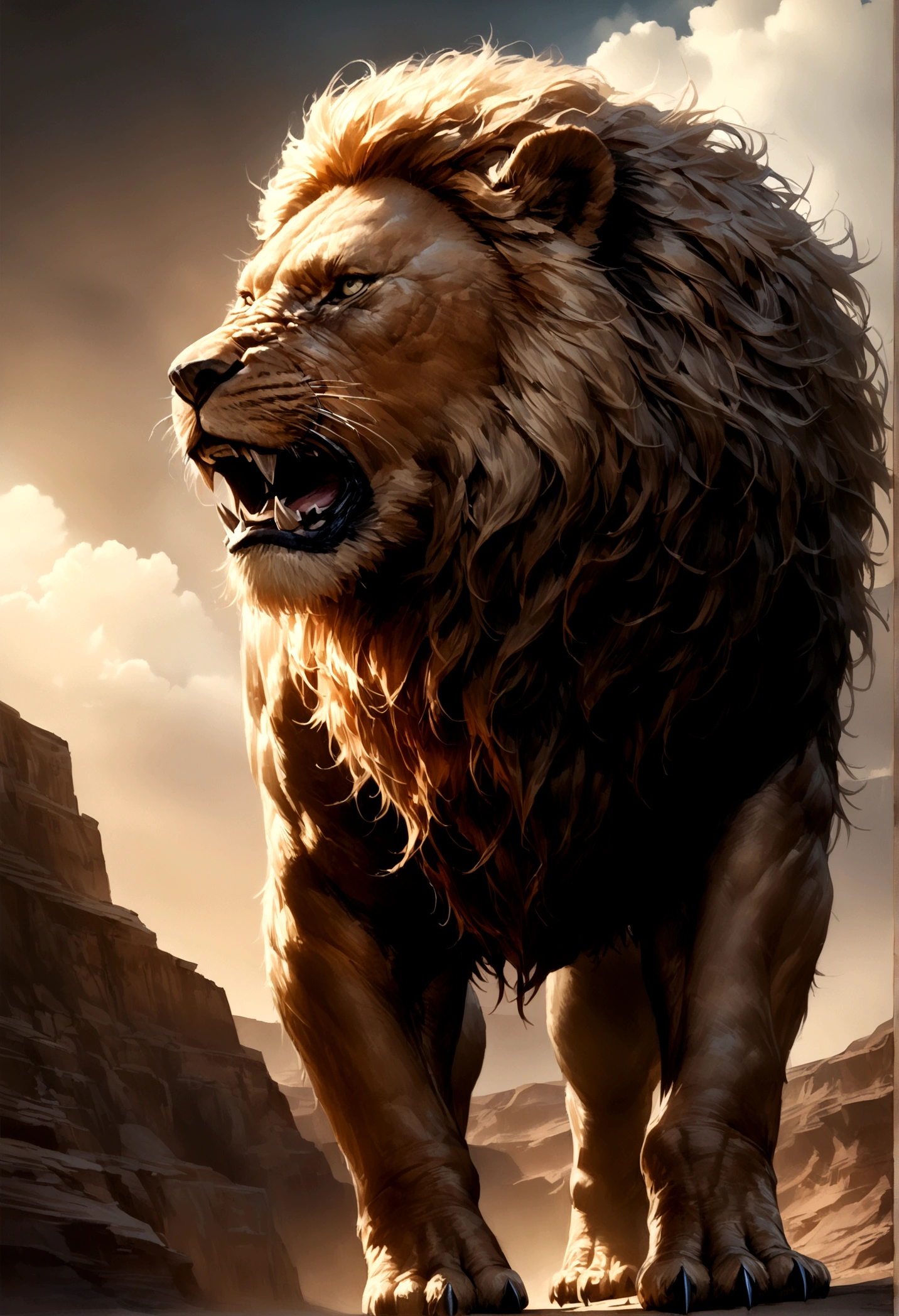 a large muscular lion, powerful body, long sharp claws, huge fangs, fierce expression, low angle shot, desert landscape, cloudy sky, dynamic pose, photorealistic, ultra-detailed, cinematic lighting, muted color palette, (best quality,8k,highres,masterpiece:1.2),ultra-detailed,(realistic,photorealistic,photo-realistic:1.37),cinematic,dramatic,powerful,imposing