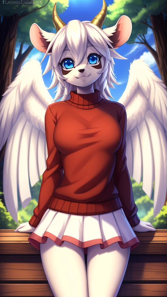 By zinfyuu on pixiv,by twistedscarlet60, uploaded on pixiv, by fluff-kevlar, (masterpiece), (best quality), (anthro furry:1.3, snout:1.2, anthro:1.3, furry:1.2, solo female:1.2), (extremely detailed:1.3), (blue_detailed_eye),Buster whelp, wearing red sweater and white skirt, sfw, forest,  view on viewer, kimiko, busty, feminime_flatchested, small thighs, slim body, dragonling, golden horn, white hair, blue eyes, wing, white body skin, white fur, happy smile, 