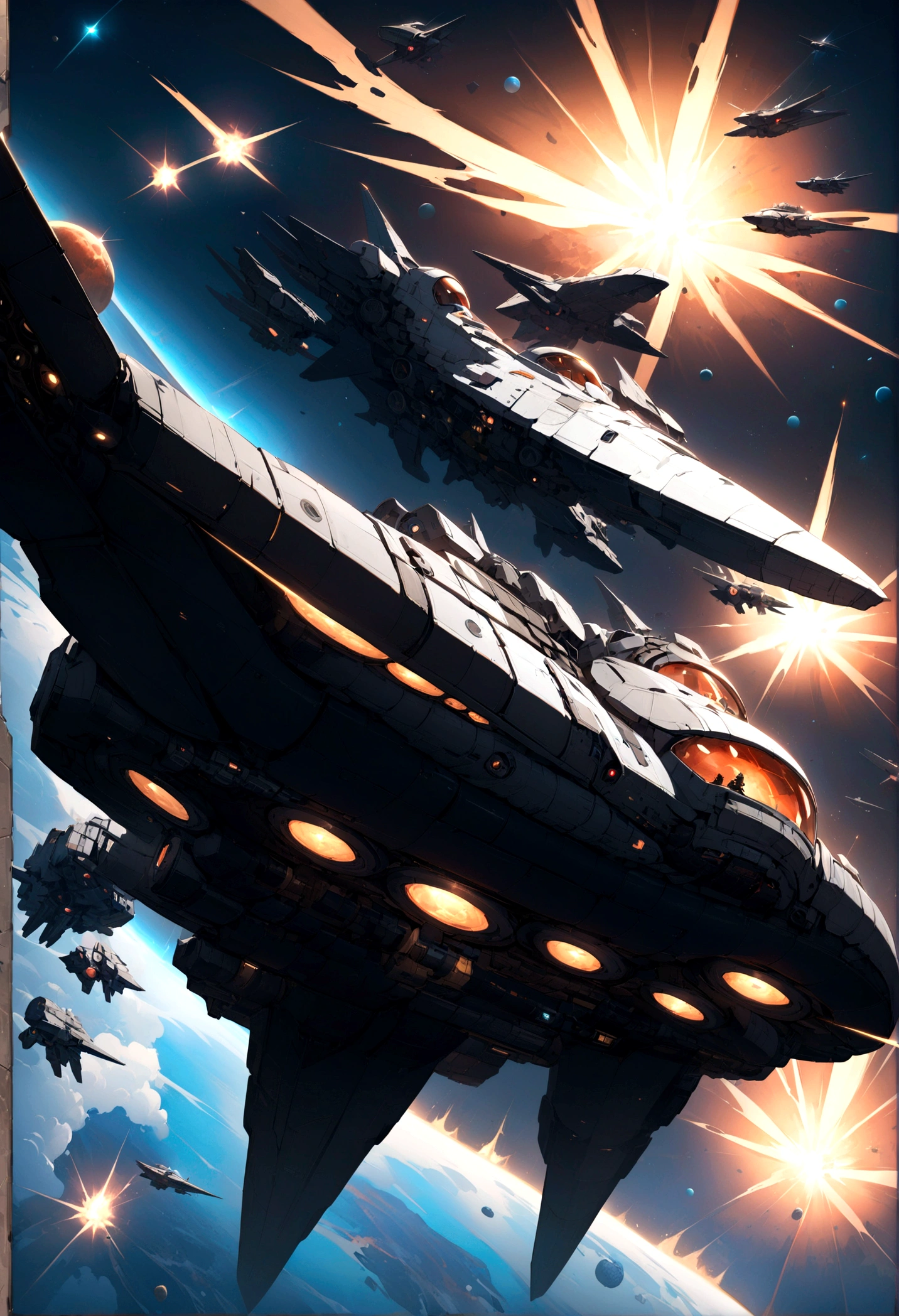 Space War, high quality, space pirates fleet attacking a giant imperial space station :: futuristic space combat, space combat, spaceships, space station, a supernova in the background, explosions, lasers, dogfight, space armada, space battle, outer space, sci-fi, by Ivan Laliashvili, concept art, environment concept art, best of artstation, cgsociety, rule of thirds, asymmetrical composition, cinematic lighting, cinematic shot, oil on canvas, clean strokes, 8k resolution, highly detailed, masterpiece, best quality, very aesthetic, absurdres