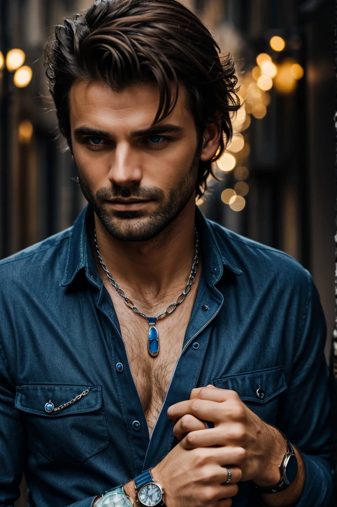 Man with slightly messy hair,  couleur un bleu nocturne Les yeux vairons ,jewelry A watch and a chain