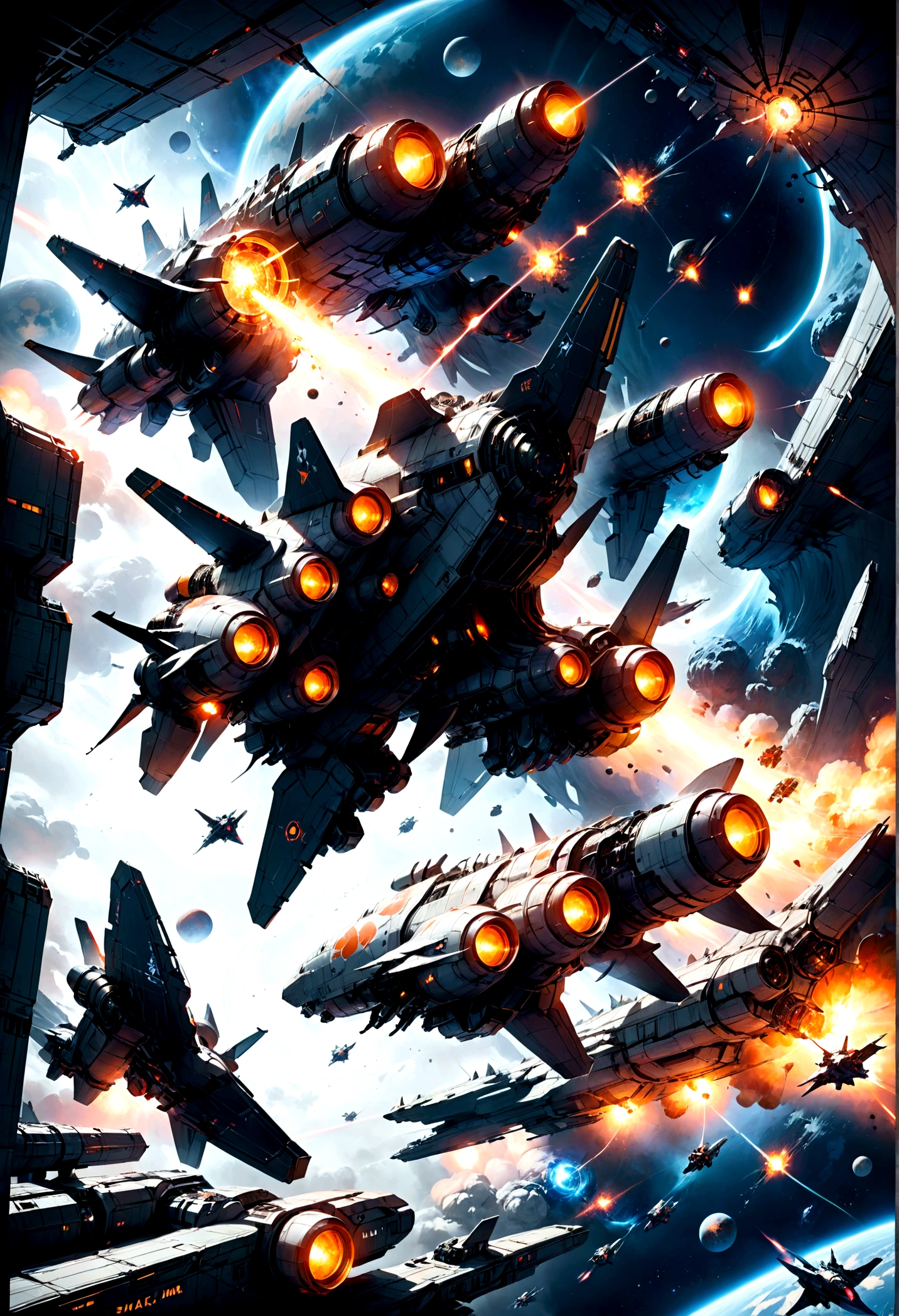 Space War, high quality, space pirates fleet attacking a giant imperial space station :: futuristic space combat, space combat, spaceships, space station, a supernova in the background, explosions, lasers, dogfight, space armada, space battle, outer space, sci-fi, by Ivan Laliashvili, concept art, environment concept art, best of artstation, cgsociety, rule of thirds, asymmetrical composition, cinematic lighting, cinematic shot, oil on canvas, clean strokes, 8k resolution, highly detailed, masterpiece, best quality, very aesthetic, absurdres