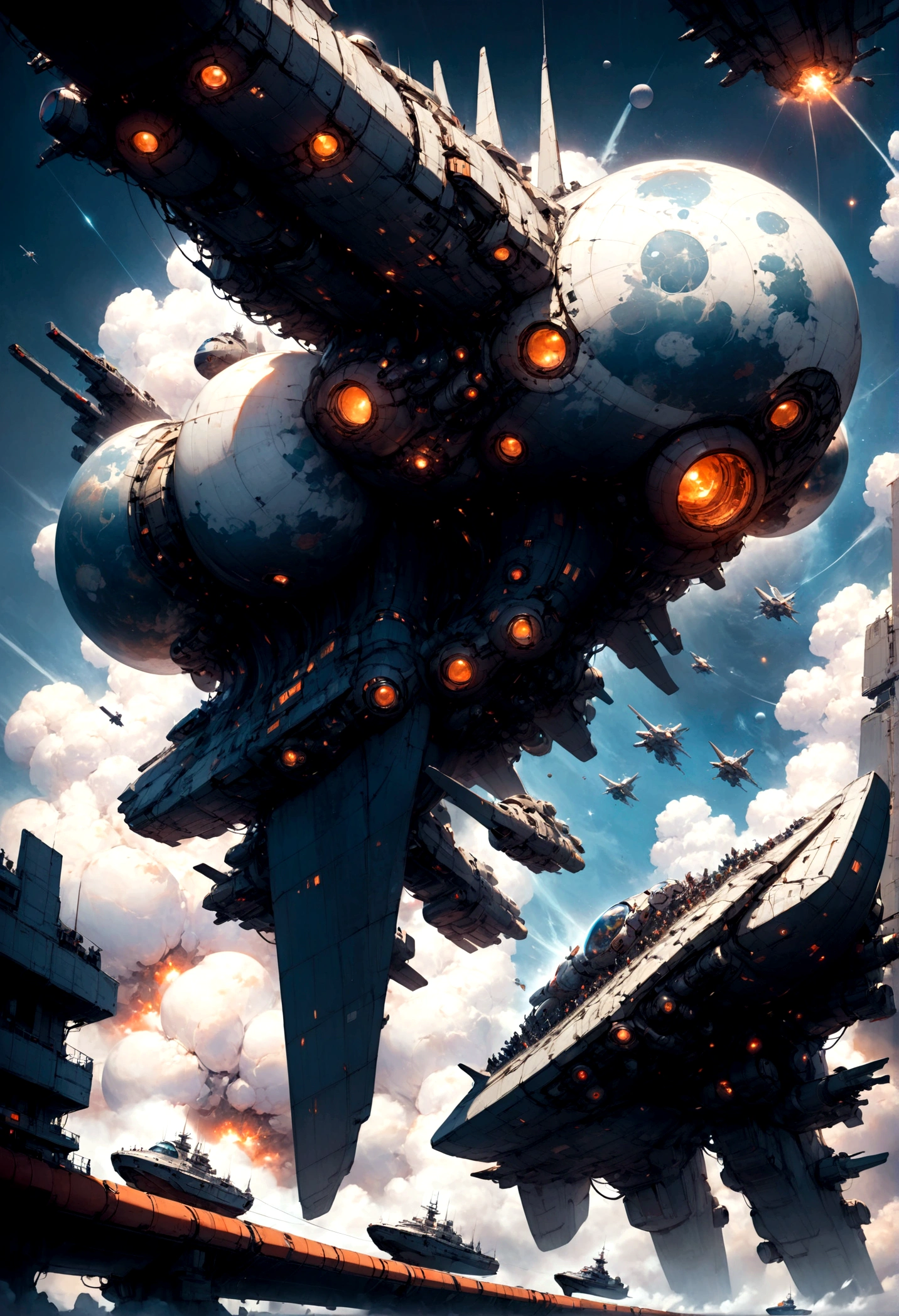 Space War, high quality, space pirates fleet attacking a giant imperial space station :: futuristic space combat, space combat, spaceships, space station, a supernova in the background, explosions, lasers, dogfight, space armada, space battle, outer space, sci-fi, by Ivan Laliashvili, concept art, environment concept art, best of artstation, cgsociety, rule of thirds, asymmetrical composition, cinematic lighting, cinematic shot, oil on canvas, clean strokes, 8k resolution, highly detailed, masterpiece, best quality, very aesthetic, absurdres
