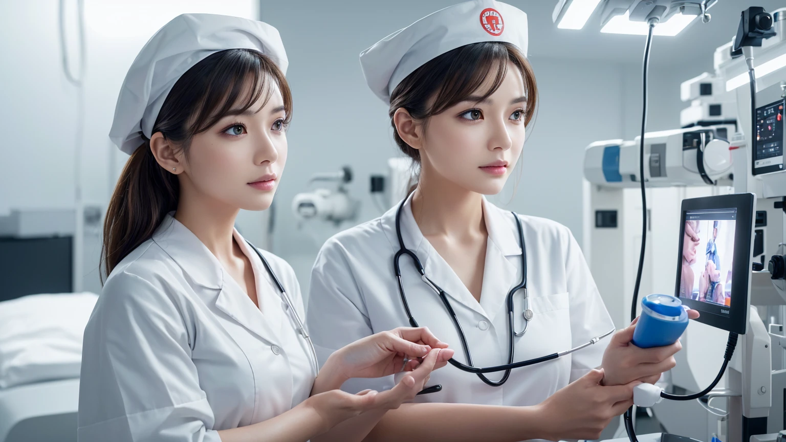 a woman in an operating room, wearing a smooth white nurse's uniform and a nurse's hat, holding a stethoscope, standing next to medical equipment like an anesthesia machine, creating a soft, even glow with diffused lighting, high quality, photorealistic, masterpiece, (best quality,4k,8k,highres,masterpiece:1.2),ultra-detailed,(realistic,photorealistic,photo-realistic:1.37),HDR,UHD,studio lighting,ultra-fine painting,sharp focus,physically-based rendering,extreme detail description,professional,vivid colors,bokeh,portrait