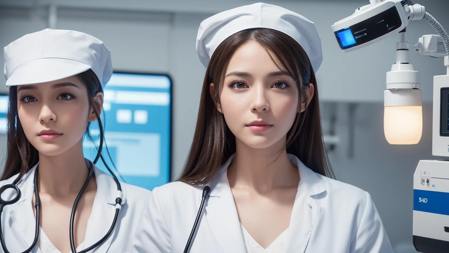 a woman in an operating room, wearing a smooth white nurse's uniform and a nurse's hat, holding a stethoscope, standing next to medical equipment like an anesthesia machine, creating a soft, even glow with diffused lighting, high quality, photorealistic, masterpiece, (best quality,4k,8k,highres,masterpiece:1.2),ultra-detailed,(realistic,photorealistic,photo-realistic:1.37),HDR,UHD,studio lighting,ultra-fine painting,sharp focus,physically-based rendering,extreme detail description,professional,vivid colors,bokeh,portrait