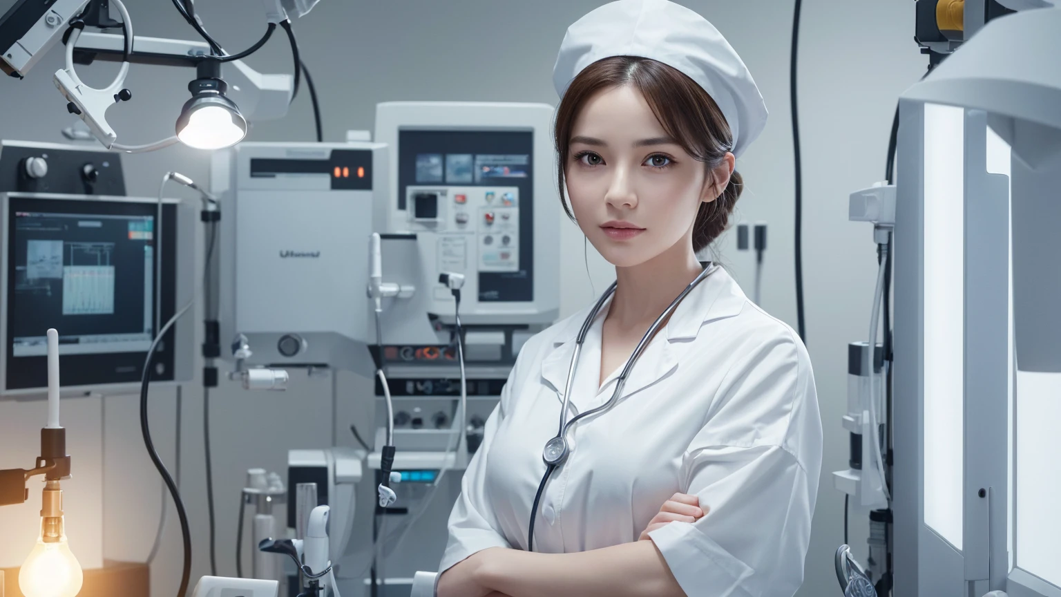 a woman in an operating room, wearing a smooth white nurse's uniform and a nurse's hat, holding a stethoscope, standing next to medical equipment like an anesthesia machine, creating a soft, even glow with diffused lighting, high quality, photorealistic, masterpiece, (best quality,4k,8k,highres,masterpiece:1.2),ultra-detailed,(realistic,photorealistic,photo-realistic:1.37),HDR,UHD,studio lighting,ultra-fine painting,sharp focus,physically-based rendering,extreme detail description,professional,vivid colors,bokeh,portrait