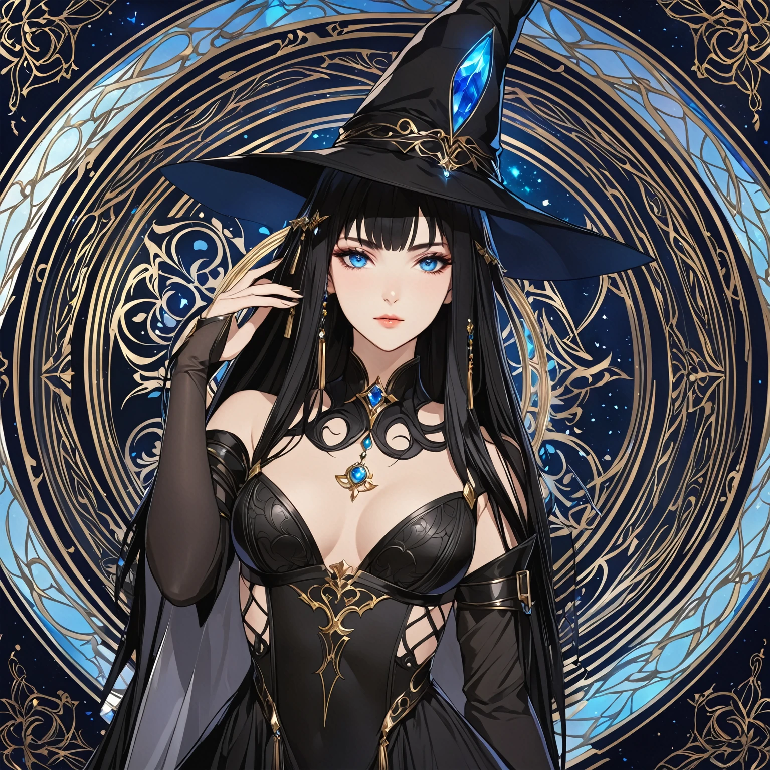 masterpiece, best quality, 1woman adult, female focus, solo, black hair, vibrant blue eyes, long hair, looking at viewer, closed mouth, bangs, Fantasy aesthetics, Highly detailed, shadowverse style, black attire, sorceress