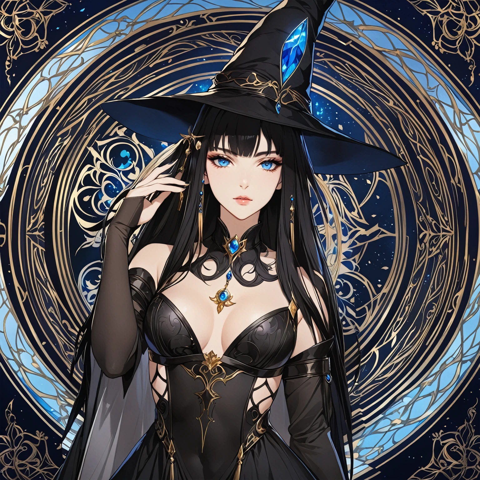 masterpiece, best quality, 1woman adult, female focus, solo, black hair, vibrant blue eyes, long hair, looking at viewer, closed mouth, bangs, Fantasy aesthetics, Highly detailed, shadowverse style, black attire, sorceress