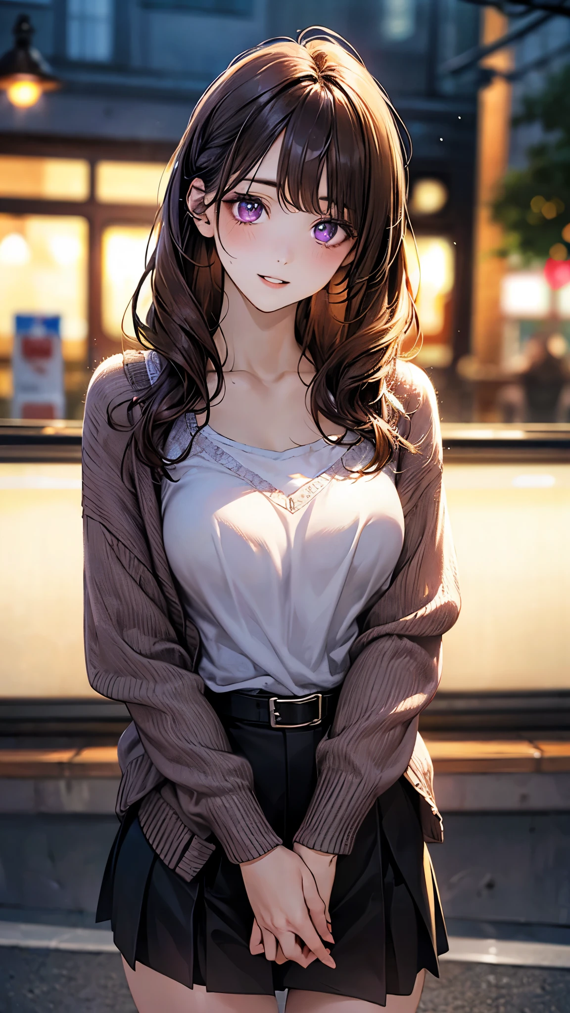 (masterpiece:1.2, top-quality), (realistic, photorealistic:1.4), beautiful illustration, (natural side lighting, movie lighting), nsfw,
looking at viewer, 1 girl, university student, perfect face, cute and symmetrical face, shiny skin,
(long hair:1.2, half updo:1.5, sideburns:1.8, burnt umber hair), asymmetrical bangs, purple eyes, drooping eyes, big eyes, long eye lasher, (medium breasts, thin thighs), slender,
beautiful detailed hair, beautiful detailed face, beautiful detailed eyes, beautiful clavicle, beautiful body, beautiful chest, beautiful thigh, beautiful legs, beautiful fingers,
(purple open front cardigan, white knit camisole, dark brown skater skirt, belt), black thigh-highs, skin dendation,
(beautiful scenery), evening, (outside convenience store), standing, (lovely smile, upper eyes, parted lips),