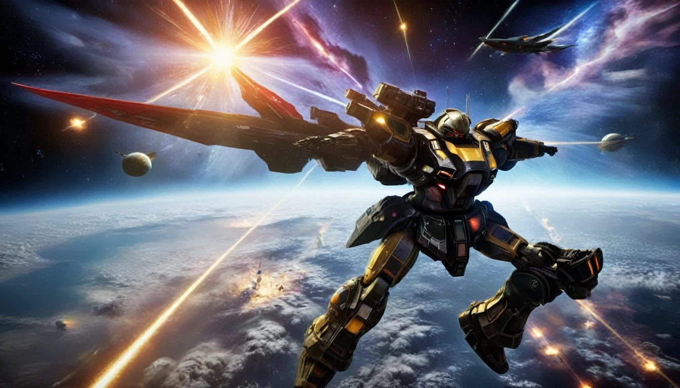 a robed ominous old man, overlapping space war, nebula, fighter jets, battleships, (best quality,4k,8k,highres,masterpiece:1.2),ultra-detailed,(realistic,photorealistic,photo-realistic:1.37),cinematic lighting,dramatic atmosphere,award winning, intricate details, epic scale, moody lighting, dynamic composition,dramatic lighting, dark fantasy, science fiction, highly detailed, cinematic composition, atmospheric lighting, dramatic chiaroscuro, sweeping vistas, volumetric lighting, muted color palette