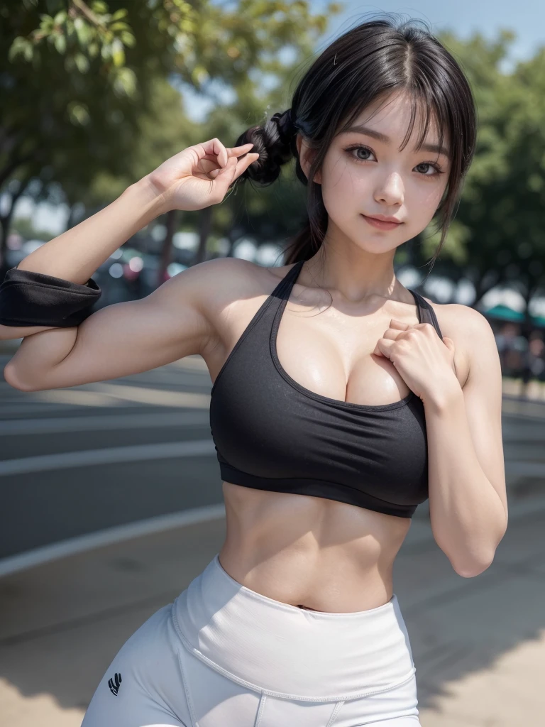 ((face lateral:1.2)), (trunk), ((a beautiful Asian girl in a black sports bra)), ((muscled body:1.3)) (short white yoga pants:1.4), (aegyo sal), (breasts big:1.3), (short and light twtails:1.2), ((Swollen Eyes)), looking away, [[smiling]], cute, whole body, (Speedway), (dynamic pose), Public, Park, plein-air, (camel toe, I&#39;m in the shape of a vulva:1.25), best qualityer, ultra high resolution, (K, CRU photo, best qualityer, work of art: 1.45), (realisitic, photo-realisitic:1.37),