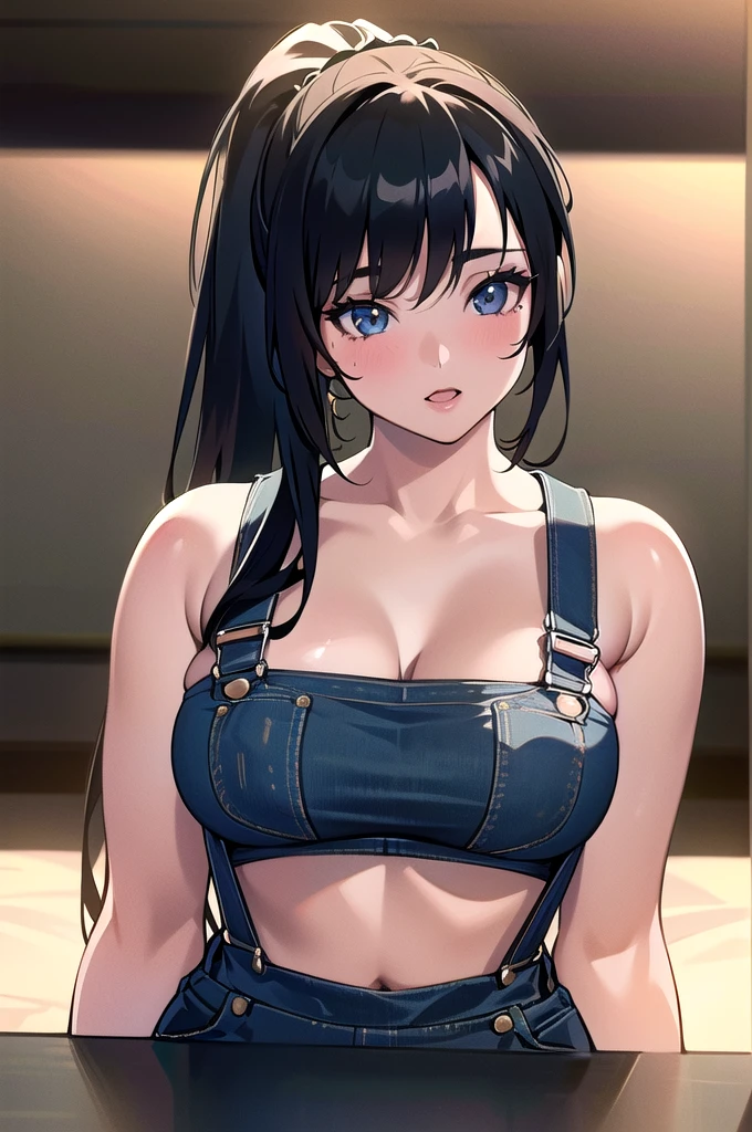 20 years old,1 girl, extremely thick thighs, hyperrealistic, 8k, (extremely detailed 8k), (very delicate and beautiful), (masterpiece), (better quality:1.0), (ultra high resolution:1.0), (masterpiece, best quality), cute,black hair,overalls,big breasts,leaning forward,ponytail,upper body,POV