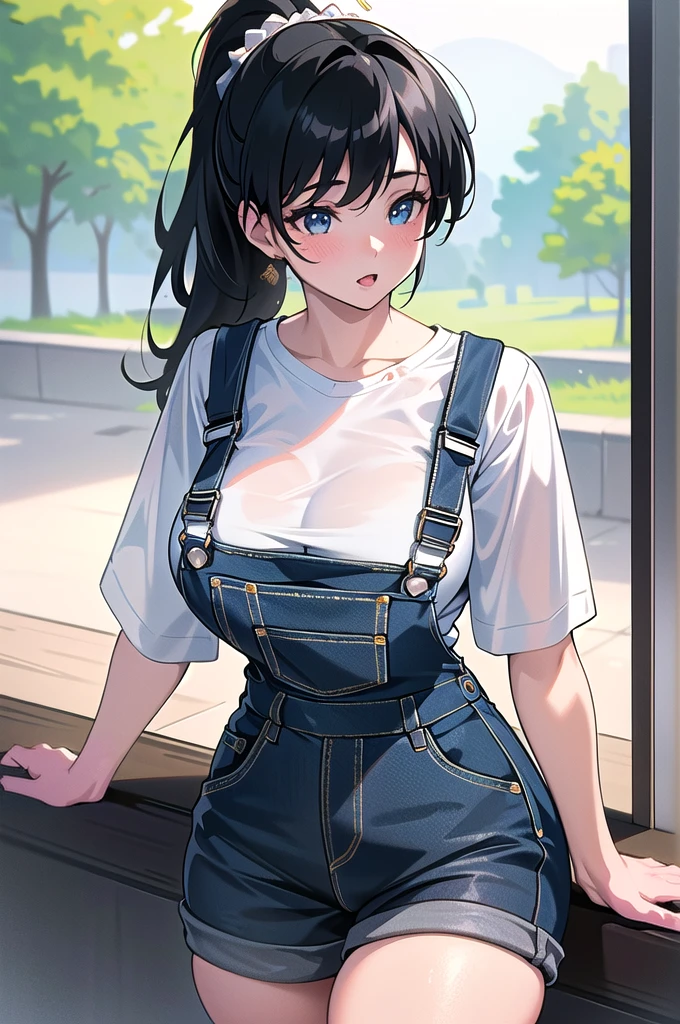 20 years old,1 girl, extremely thick thighs, hyperrealistic, 8k, (extremely detailed 8k), (very delicate and beautiful), (masterpiece), (better quality:1.0), (ultra high resolution:1.0), (masterpiece, best quality), cute,black hair,overalls,big breasts,leaning forward,ponytail,upper body,POV